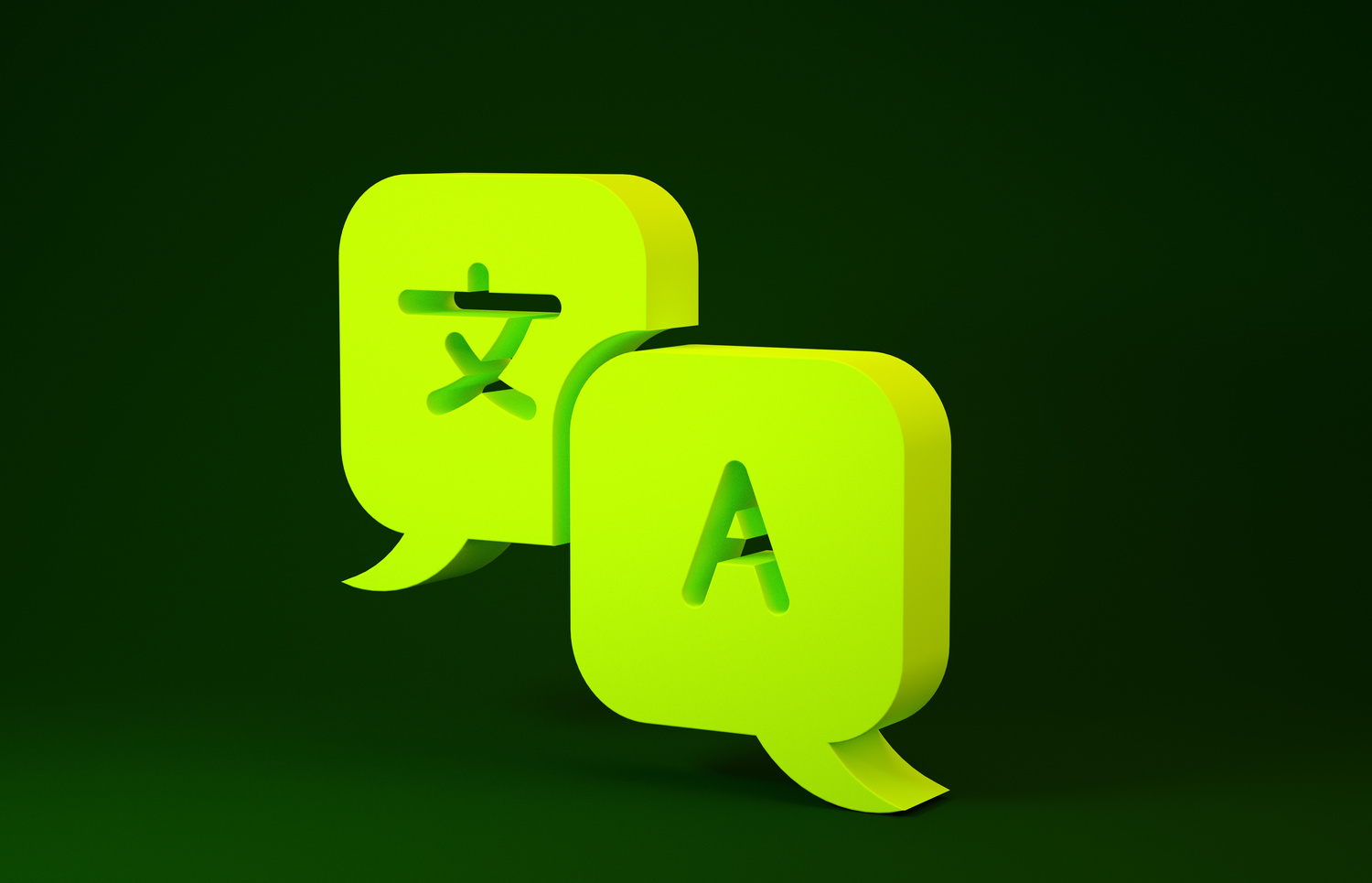 Yellow Translator Icon Isolated on Green Background. Foreign Language Conversation Icons in Chat Speech Bubble. Translating Concept. Minimalism Concept. 3D Illustration 3D Render